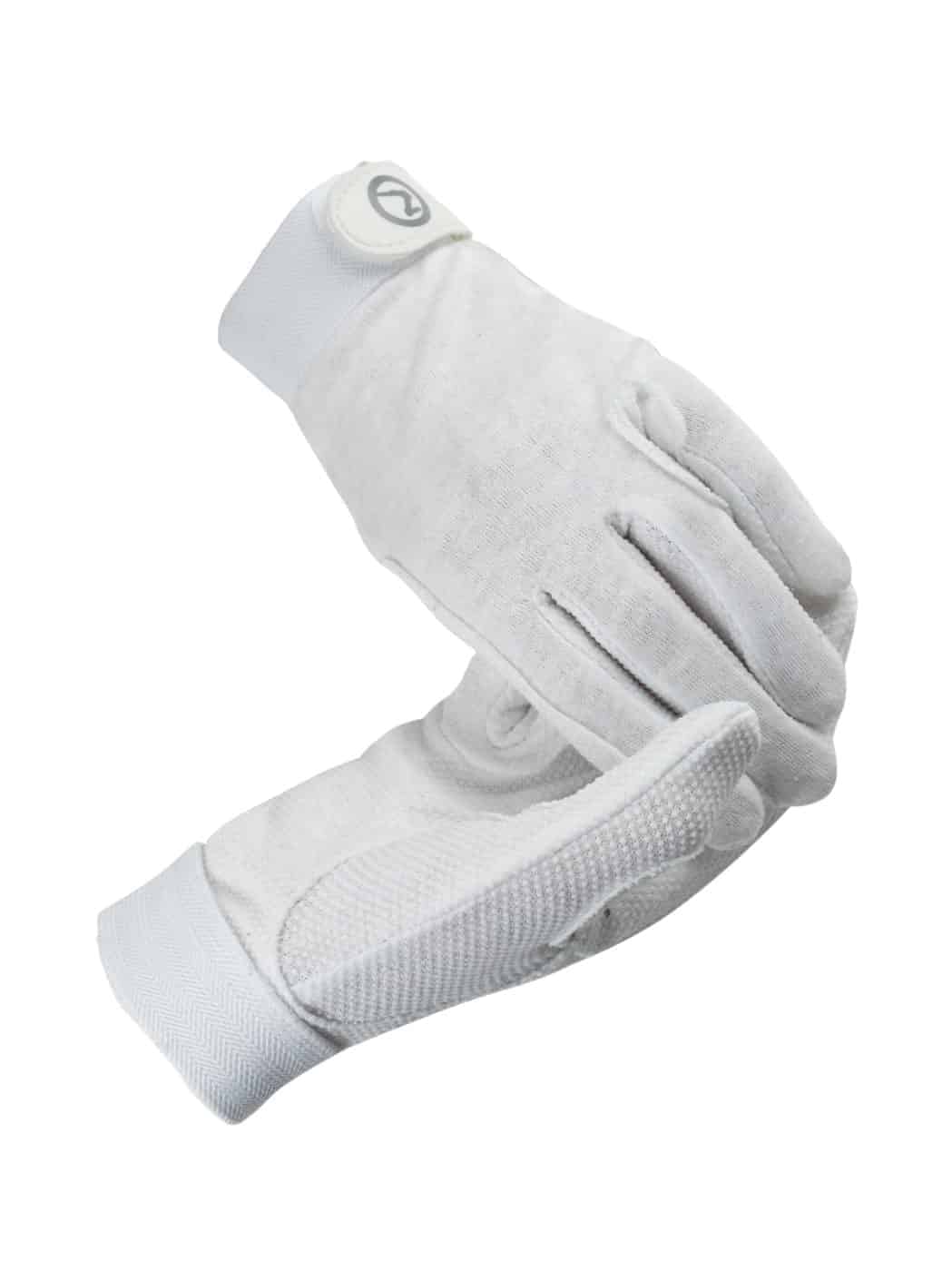 A pair of white, adjustable Horze Polygrip Gloves with rubber stubble on the palm and fingers.
Available at Nice Equestrian Wukair Doha Qatar.