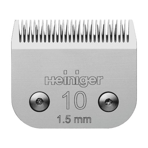A close-up image of a Heiniger Saphire Blade No. 10 (1.5mm) with the brand name and size marked on it.
Available at Nice Equestrian Wukair Doha Qatar