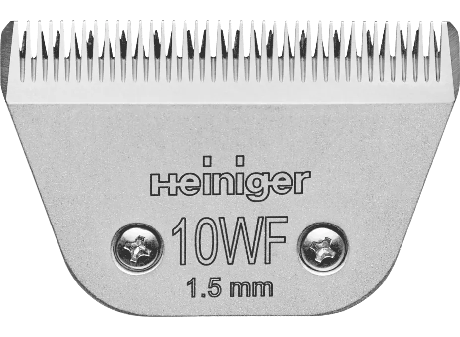 A snap-on clipper blade with the number 10WF and 1.5mm printed on it, accompanied by the Heiniger brand logo. Available in Nice Equestrian Wukair Doha Qatar.