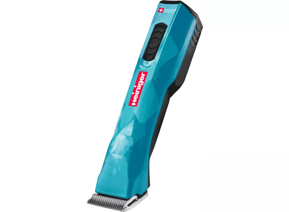 A blue Heiniger Opal small animal clipping machine with a power button and a metal blade.
Available at Nice Equestrian Wukair Doha Qatar.