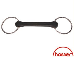 A black rubber mouth snaffle bit with two metal rings on either side.
Homer brand.
Available with Nice Equestrian Wukair Doha Qatar.