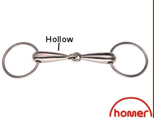 A hollow snaffle bit made of metal, with a loop on each end and a metal joint in the middle.
Homer brand. Available with Nice Equestrian Wukair Doha Qatar.