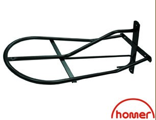 Black metal English saddle rack designed for wall mounting.