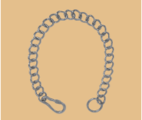 A silver-colored driving chain for horses against a beige background