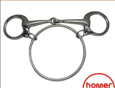 A metal horse bit with a circular ring and two attached rings for control and training.