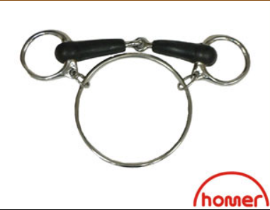 A metal horse racing bit with a central ring and two attached rings with rubber padding, against a white background with a 'dexter' brand logo.