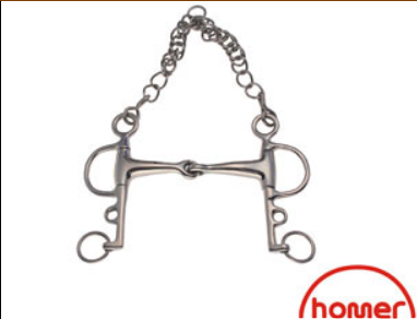 A silver-colored jointed egg butt pelham horse bit.