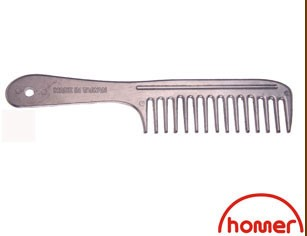 An aluminium mane comb with a handle, designed for horse grooming.