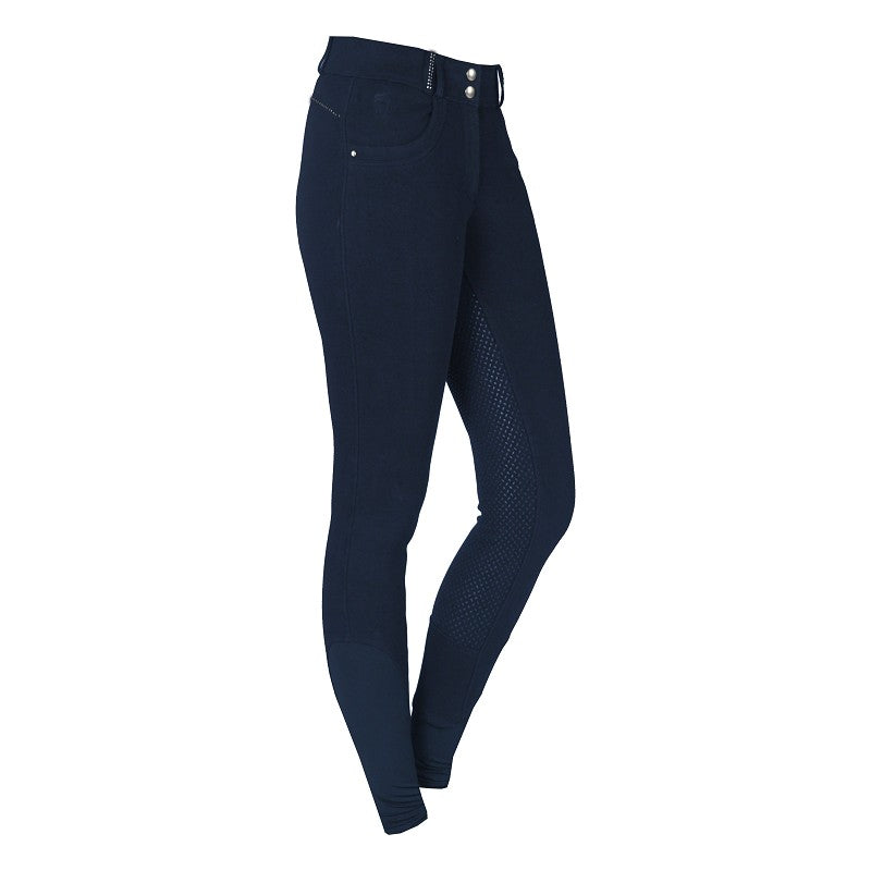 A pair of navy-blue riding breeches with a slightly higher waistband, two buttons, elastic ankle closure, beltloops, and two front pockets.
Horka. Available at Nice Equestrian Wukair Doha Qatar