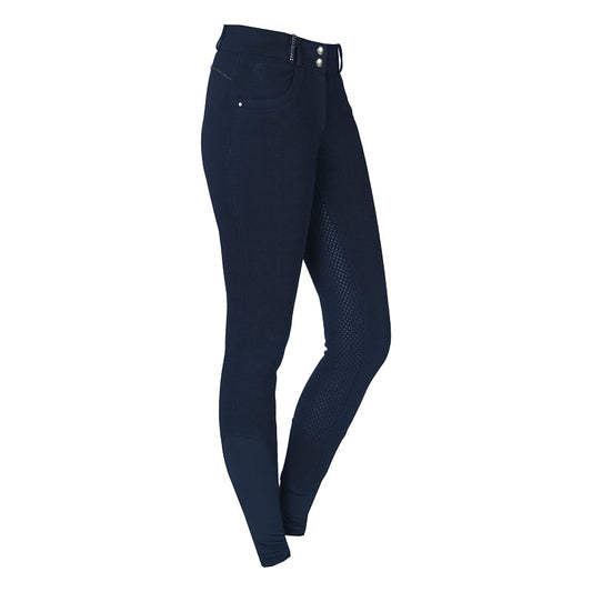 A pair of blue riding breeches with a slightly higher waistband, two buttons, elastic ankle closure, beltloops, and two front pockets.
Horka. Available at Nice Equestrian Wukair Doha Qatar