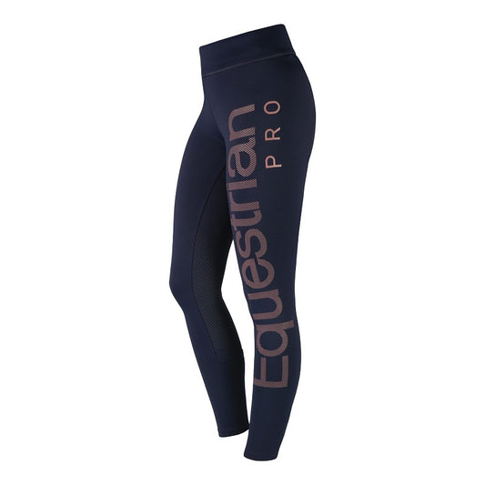 Navy blue riding tights with 'Equestrian Pro' text and a silicone seat design.
Horka. Available at Nice equestrian Wukair Doha Qatar.