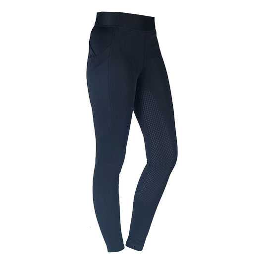 Navy blue riding tights with a high waist and a seat seam, featuring a printed silicone full seat and a side mobile phone pocket with zipper.
Horka. Available at Nice Equestrian Wukair Doha Qatar.