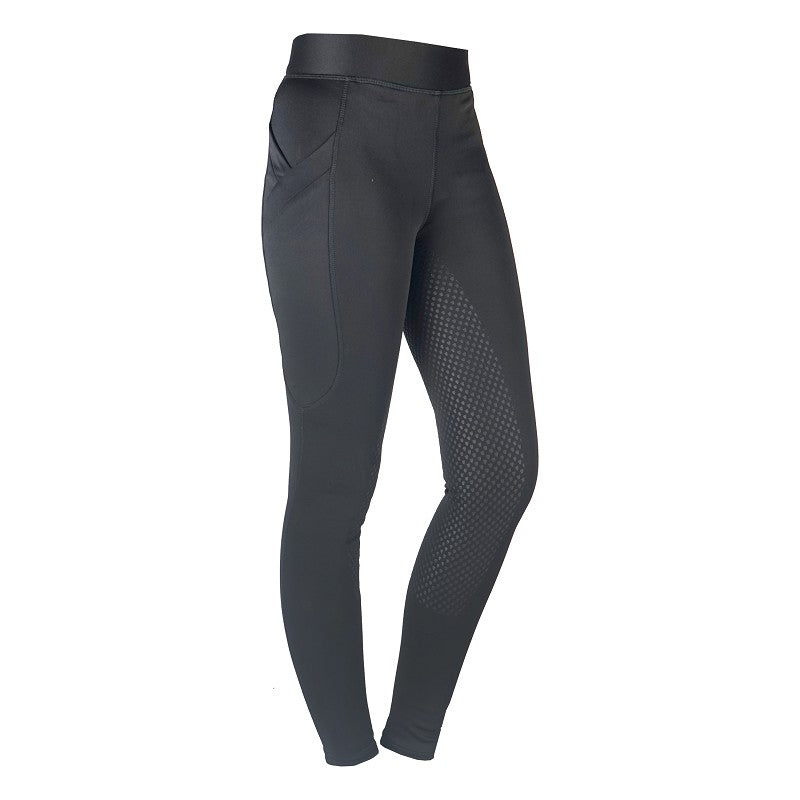 A pair of black riding tights for women with a high waist and a seat seam, featuring a printed silicone full seat and a side mobile phone pocket with zipper.
Horka. Available at Nice Equestrian Wukair Doha Qatar.