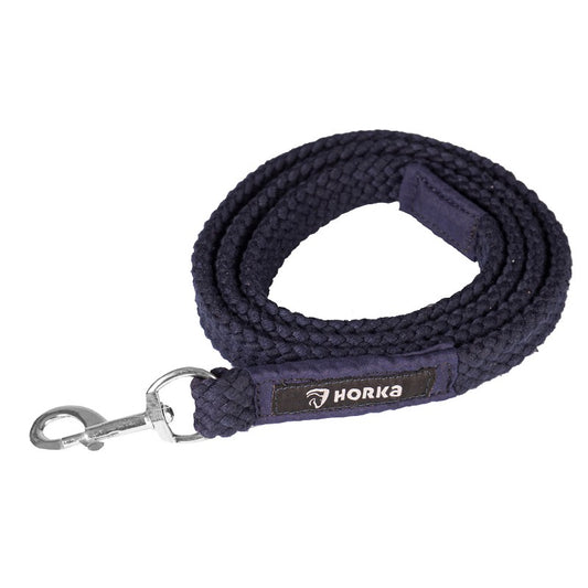 A blue flat braided lead rope with a carabiner, and the brand 'HORKA' visible on the rope.
Horka. Available at Nice equestrian Wukair Doha Qatar.