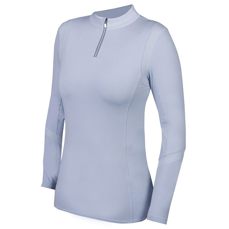 A blue turtleneck base layer shirt for women with short sleeves and a half zipper.
Horka full sleeve Riding T Shirt. Available at Nice Equestrian Wukair Doha Qatar.