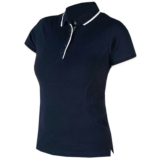 A blue polo shirt with white collar and sleeve cuffs, designed for women.
Horka. Available at Nice Equestrian Wukair Doha Qatar.
