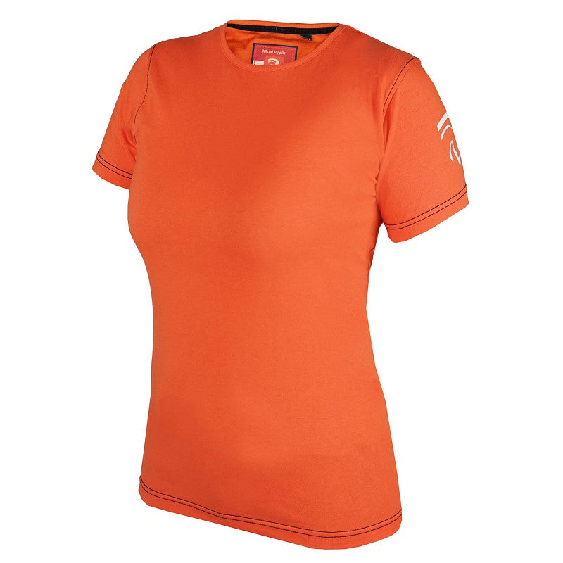 An orange t-shirt with short sleeves, featuring a Horka logo on the chest and a smaller logo on the right chest area, displayed on a mannequin.
Available at Nice Equestrian Wukair Doha Qatar.