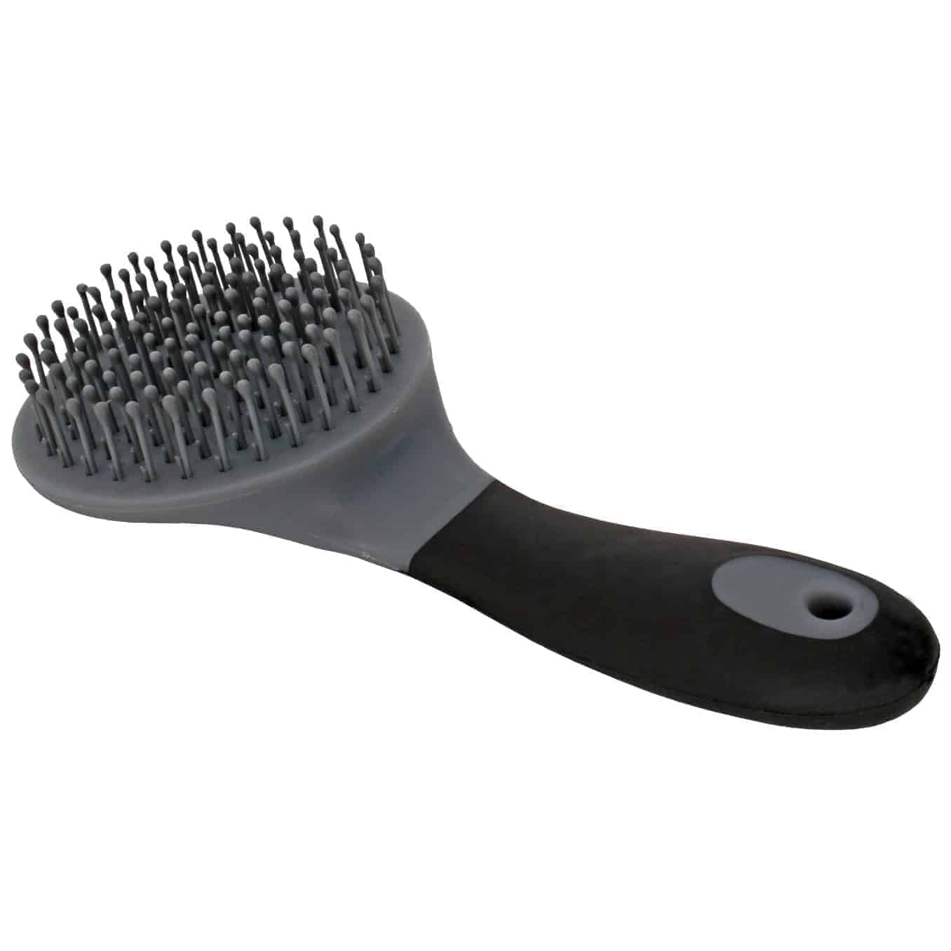 A black round mane and tail brush with soft touch grip, designed for horse grooming.
Horze.
Available at Nice equestrian Wukair Doha Qatar
