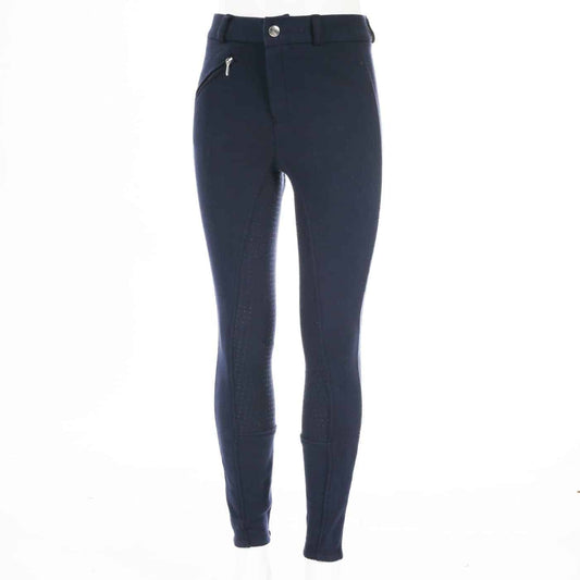 A pair of kids' riding breeches featuring silicone grip print at the seating area, a front zipper pocket, and elastic leg bottoms in a solid black color.
Horze. Breeches.
Available at Nice Equestrian Wukair Doha Qatar