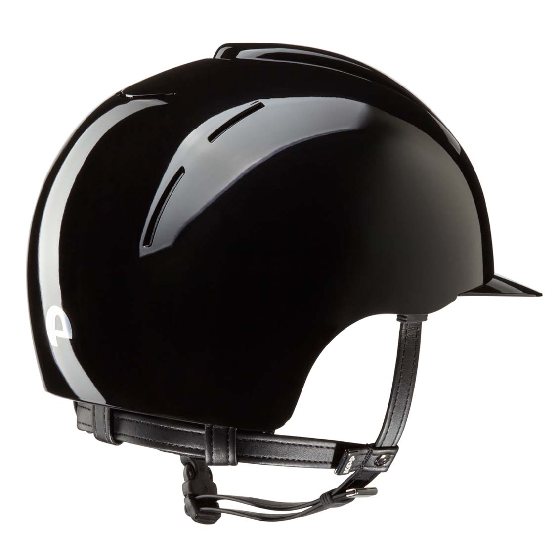 A black equestrian helmet with a glossy finish and adjustable straps. A KEP Italian black equestrian helmet with a visor. KEP Italy helmets available with Nice Equestrian Wukair Doha Qatar. One of the top ranked helmets in the world