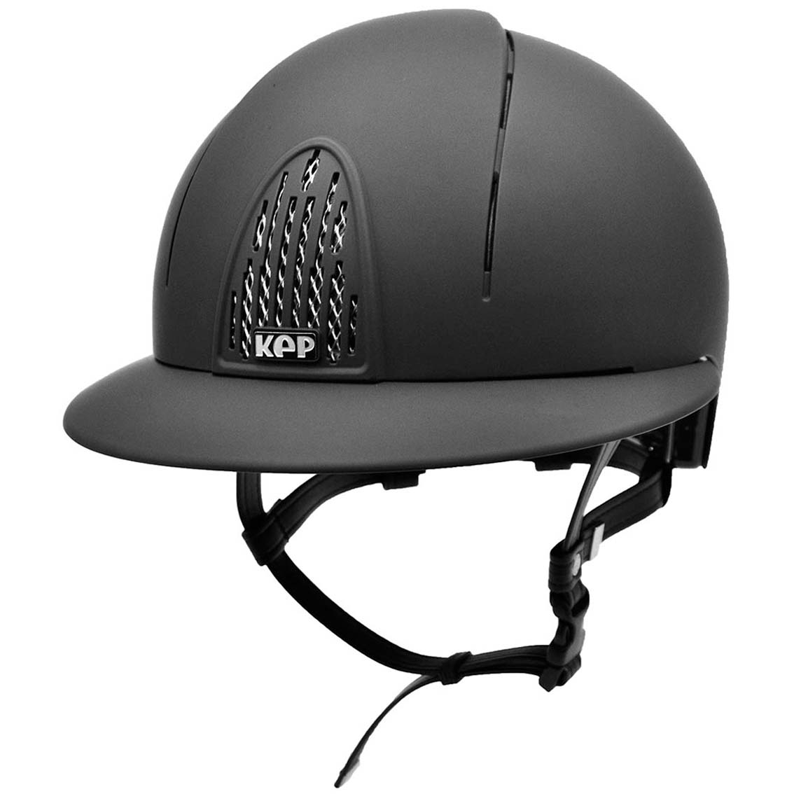 Black equestrian riding helmet with a visor and adjustable strap, featuring the KEP brand logo. A KEP Italian black equestrian helmet with chrome grid detailing and a visor. KEP Italy helmets available with Nice Equestrian Wukair Doha Qatar. One of the top ranked helmets in the world