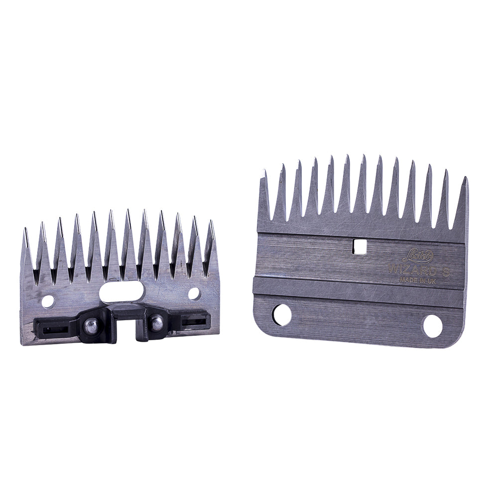 Two Lister Wizard 13T wool blades with spiked ends and a flat base for cutting.
Made in UK. Available with Nice Equestrian Wukair Doha Qatar.