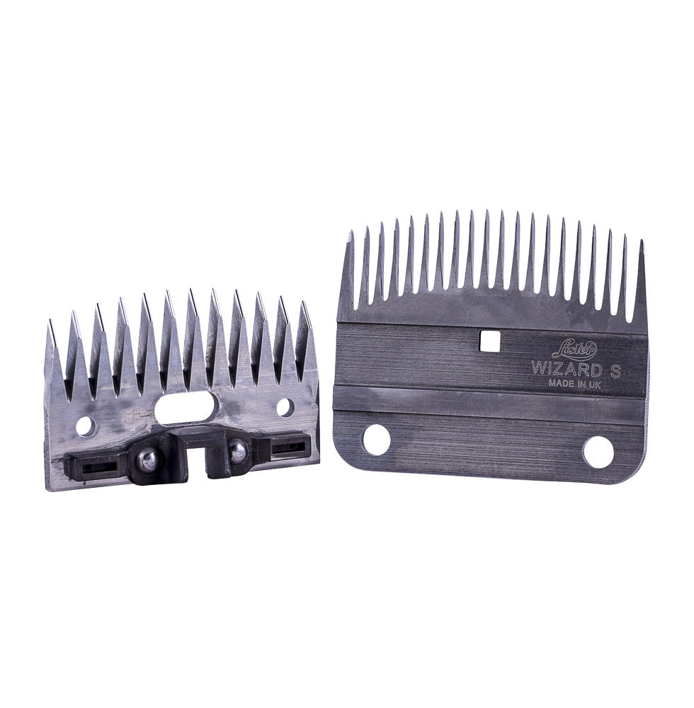 Two Lister Wizard 20T wool blades, one with the tooth side up and the other with the flat side up, against a white background.
Made in UK. Available with Nice Equestrian Wukair Doha Qatar.