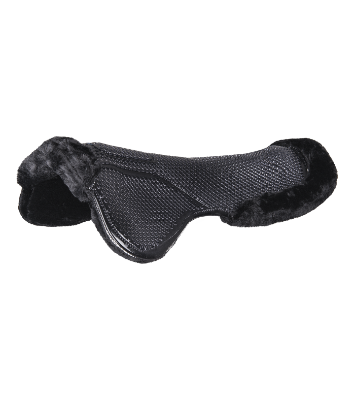A black gel saddle pad with synthetic fur on the underside, designed for use with a horse saddle.