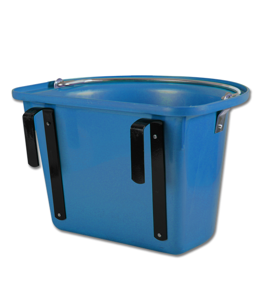 A blue plastic feed bin with a hanger and handle, designed for use in equestrian settings.