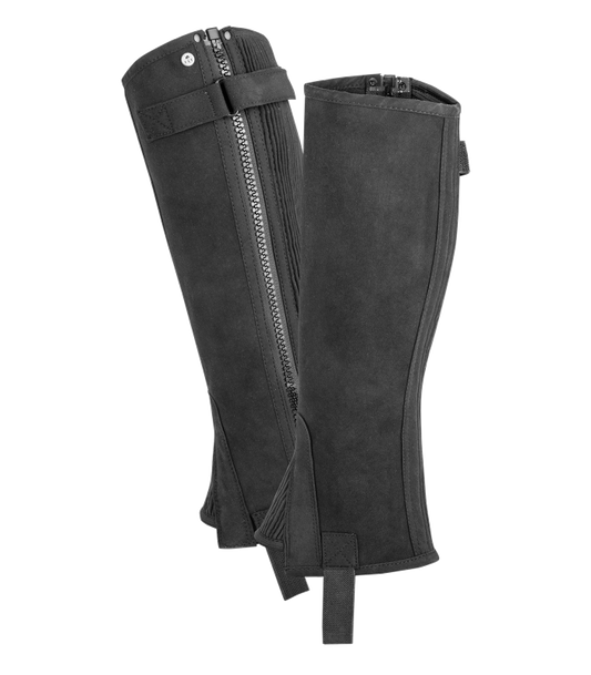 A black elastic mini chap with shoe inserts and a zip fastener at the bottom, designed to be worn with riding boots.