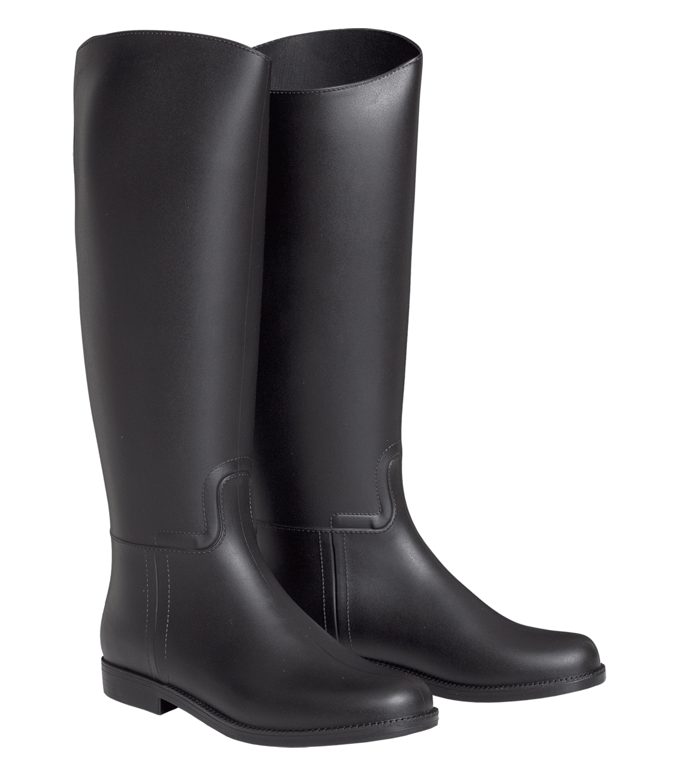 A pair of black riding boots for ladies with a low heel, featuring a non-slip sole and a spur rest.