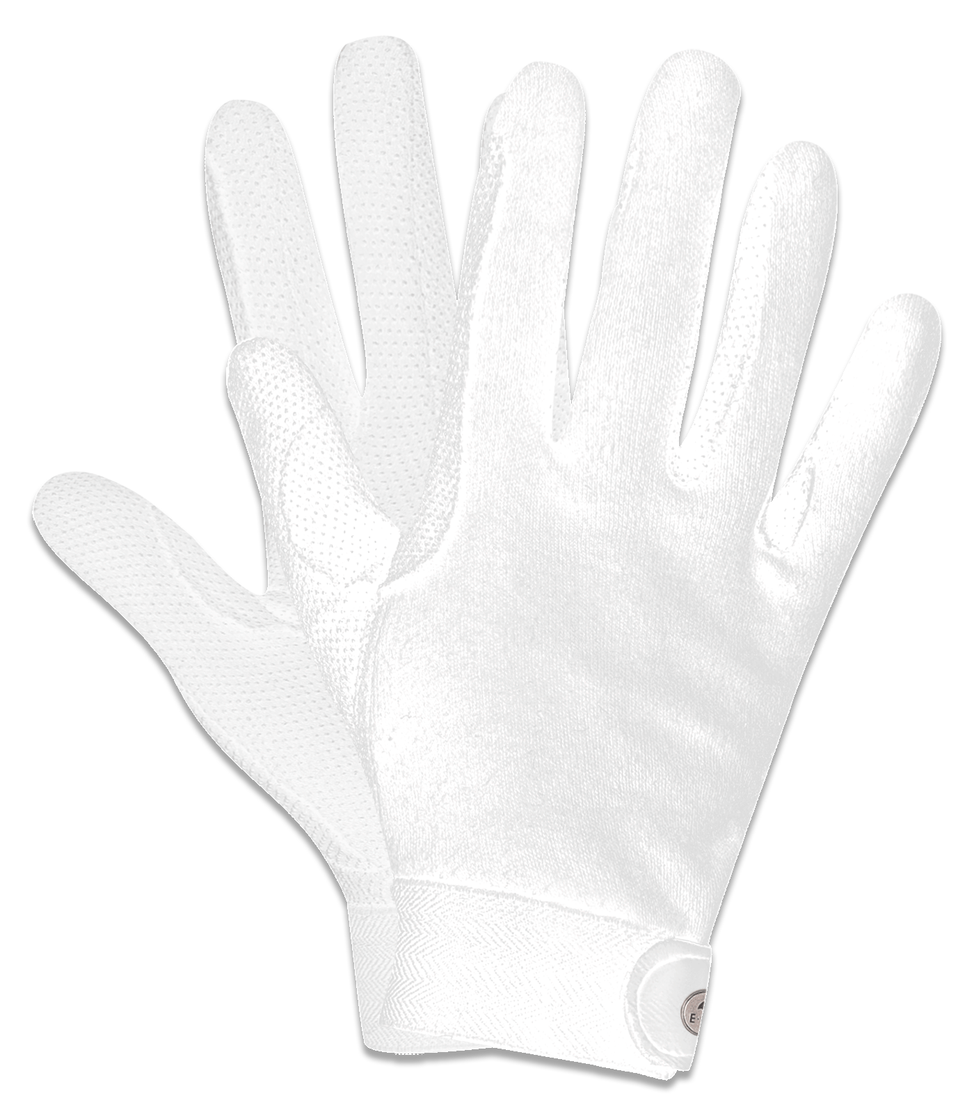 A pair of white riding gloves with touch tape fastener and silicone print on the palm.