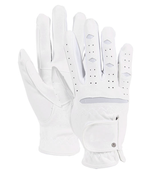A pair of white riding gloves with a suede finish, featuring a back of hand strap with touch tape fastener.