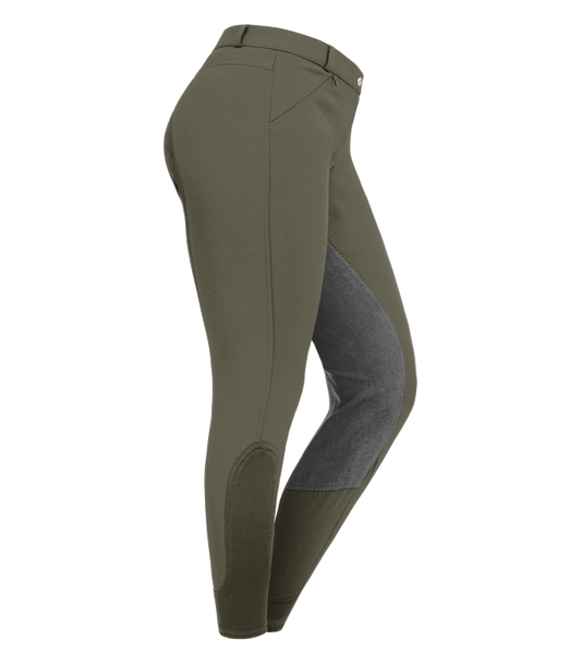 A pair of women's riding breeches with elastic leg cuff and synthetic leather full seat, featuring two front zip pockets and belt loops.