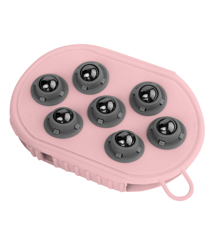 A pink grooming glove with rubber nobs on one side and massage balls on the other, designed for horse care.