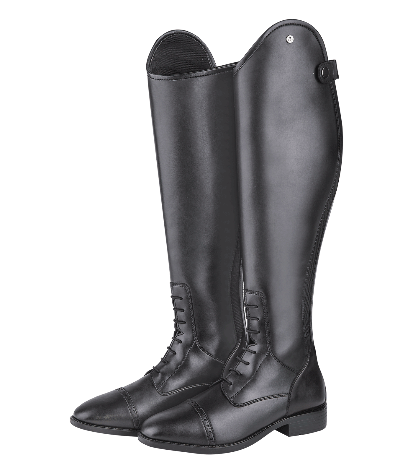 A pair of black riding boots with a smooth leather look, featuring a lace-up front, a rider's heel, and reinforced areas on the boot.