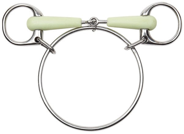 Horse bridle bit with green rubber covers on a white background.
Zilco White Mouth Dexter Snaffle - 12.5cm
Zilco Australia.
Available at Nice Equestrian Wukair Doha Qatar.