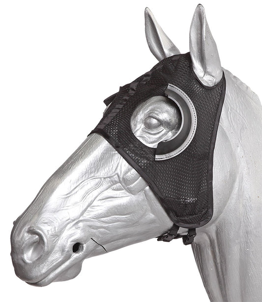 Horse head with a black fly mask on a white background.
Zilco Blinkers.
A reliable product from Zilco Australia.
Available at Nice equestrian Wukair. Doha. Qatar.