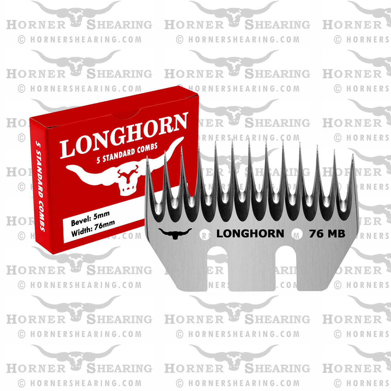 A packaged Longhorn brand pet comb with the brand name and product type (wide and standard combs) displayed on the packaging, alongside a metal comb with horns design.
Long Horn. Made in UK. Available with Nice Equestrian Wukair Doha Qatar.
