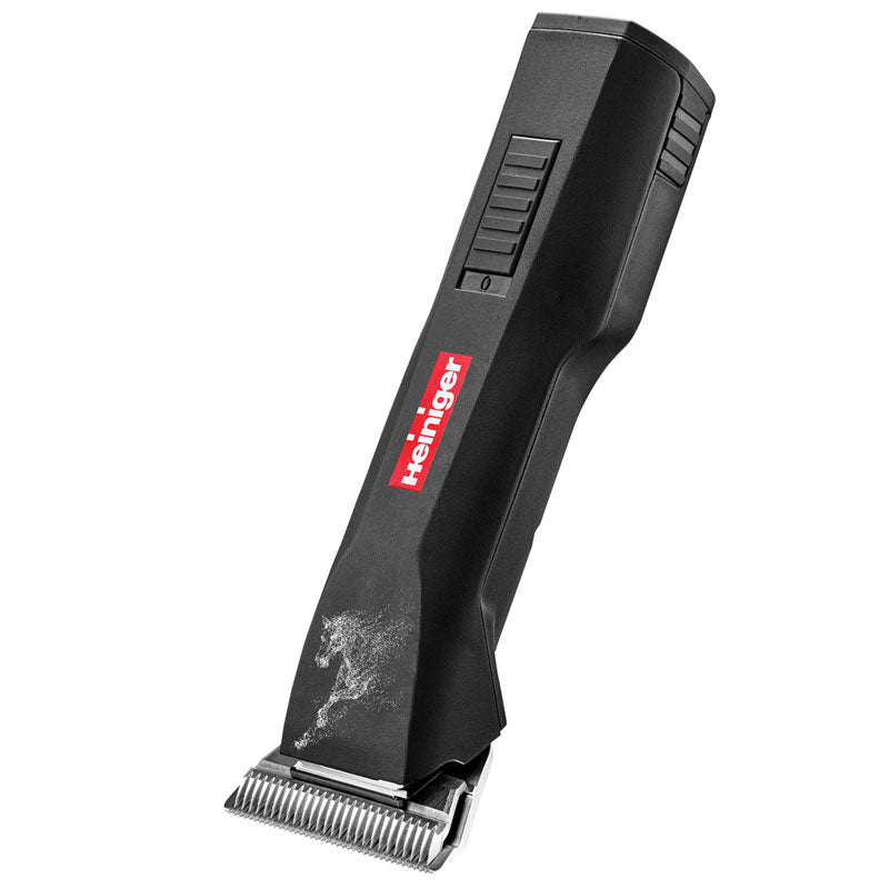 A black Heiniger Saphir Horse clippers with a visible blade and buttons on the handle.
Available at Nice Equestrian Wukair Doha Qatar.