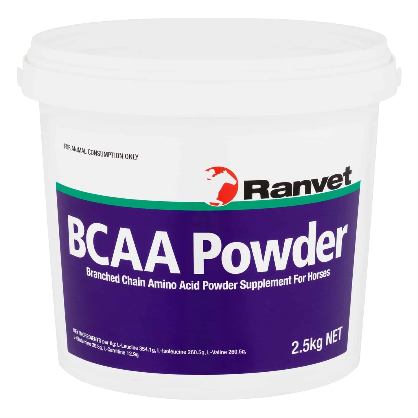 A container of Ranvet Branch Chain Amino Acid Powder for horses, with a label showing product details. Available with Nice Equestrian Wukair Doha Qatar. Ranvet Supplements for horses and camels