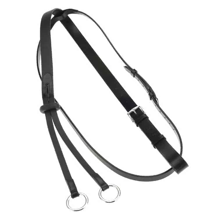 A black leather martingale with metal rings and buckles.
Horze.
Available at Nice Equestrian Wukair Doha Qatar