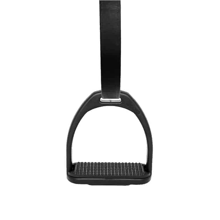 A black plastic stirrup with rubber inlay pads for horse riding.