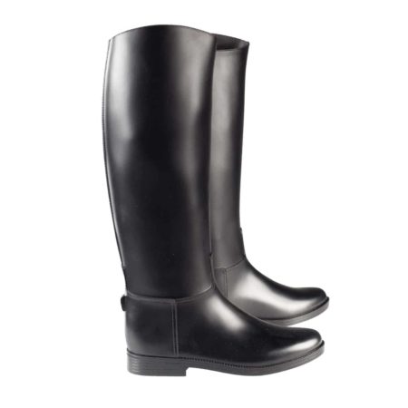 A pair of tall black rubber riding boots with elastic side panels and a sturdy sole.
Horze.
Available at Nice Equestrian Wukair Doha Qatar