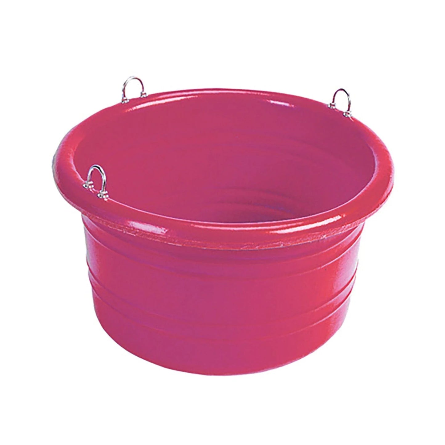 A red heavy duty plastic feed tub designed for horses and other animals, with no food inside, featuring two attachment points on the side. Abbey England Stubbs feed tub available with Nice Equestrian Wukair Doha Qatar.