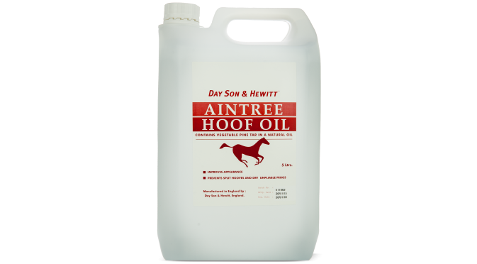A white plastic container labeled 'Lillidale Dermoline Hoof Oil' with red and black text, and an image of a horse's hoof.
A 5-liter bottle of Lilydale Dermoline Hoof Oil for horses, with label information including product name and details. Dayson & Hewitt Dermoline from Lilydale UK available with Nice Equestrian Wukair Doha.