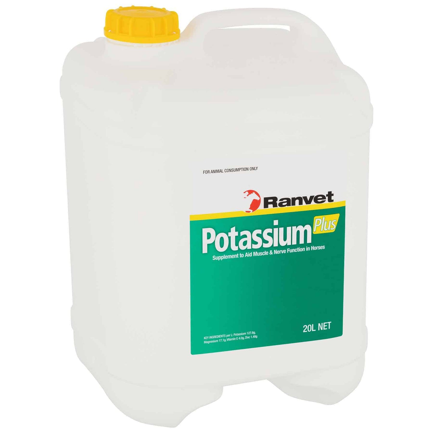 A 20-liter container of Ranvet Potassium Plus supplement for horses, with labeling that includes the product name, volume, and an image of a horse. Available with Nice Equestrian Wukair Doha Qatar. Ranvet Supplements for horses and camels