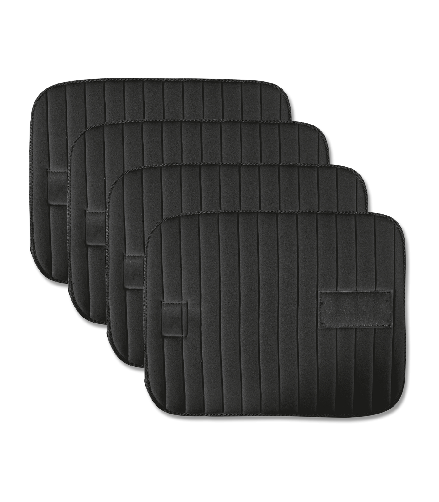 A set of four black foam-padded bandage pads with touch tape fasteners.