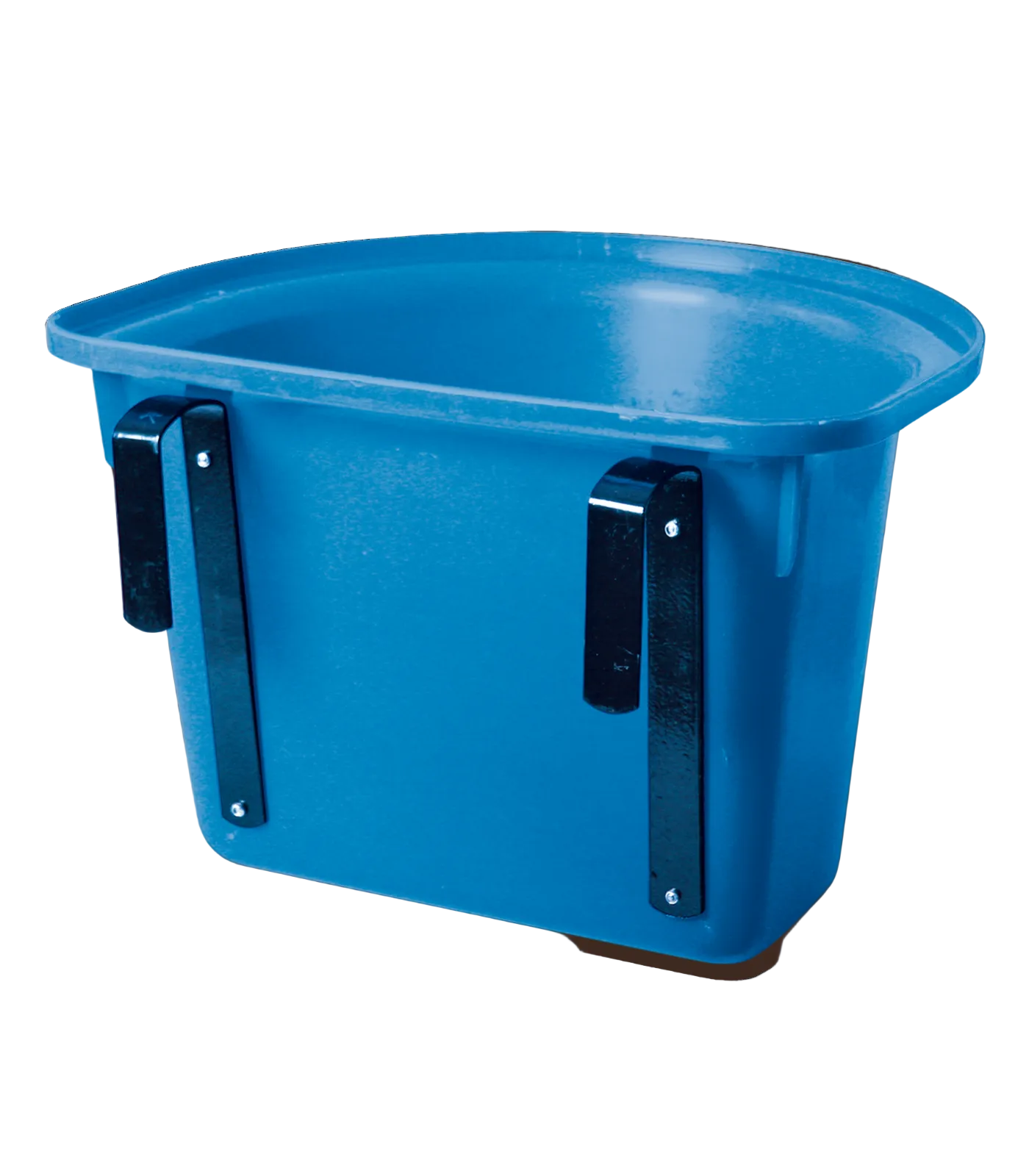 Blue plastic horse feeder hanging over a door bracket.