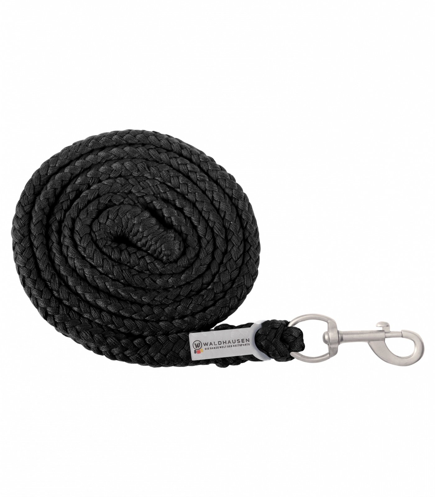 A black lead rope with a metal snap hook, typically used for horse handling.